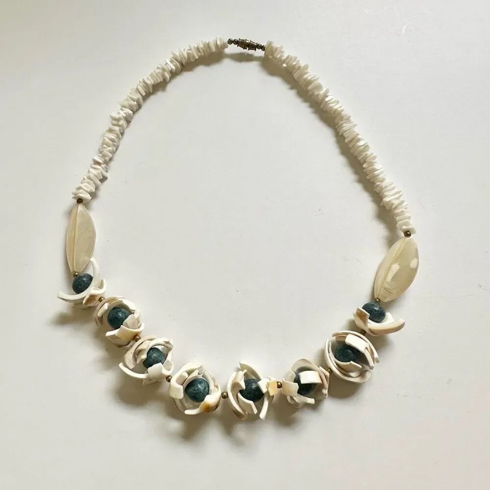 Seashell and blue beaded statement necklace
